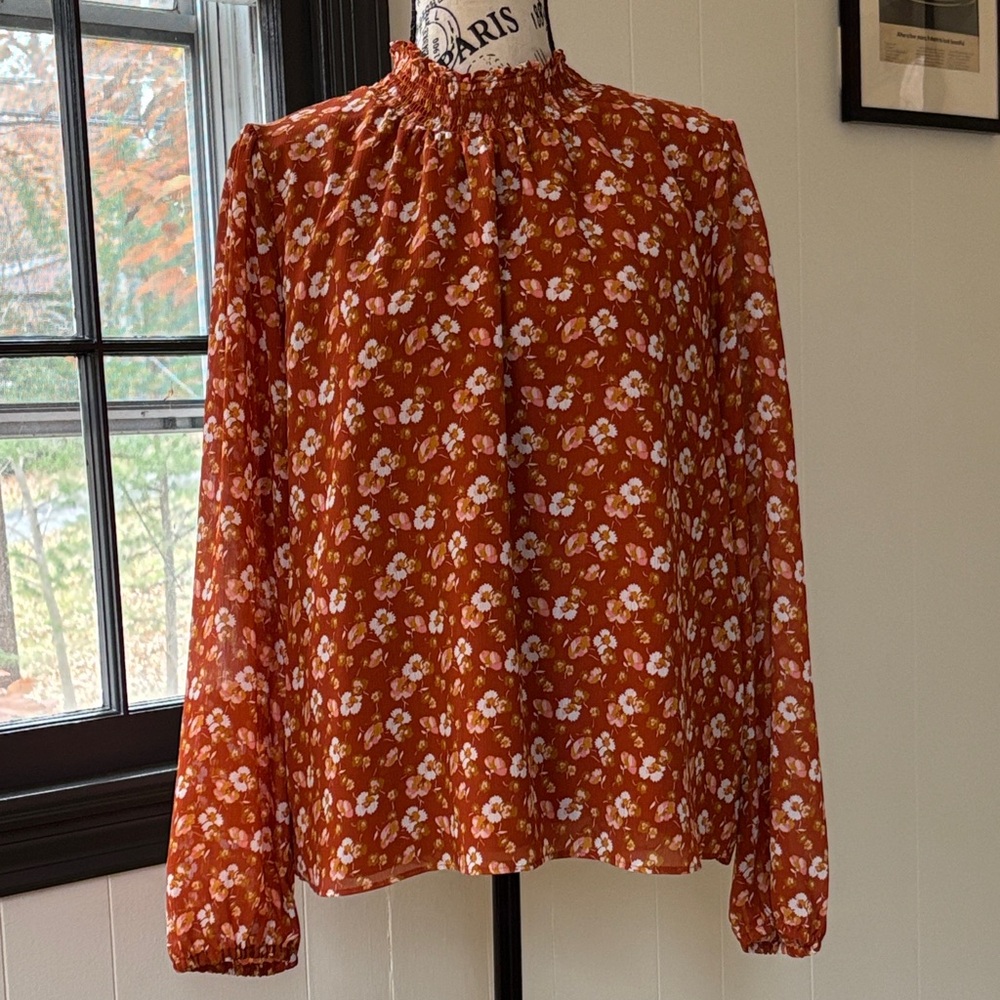 J. Crew Floral Smocked Neck Pull Over Top Blouse L